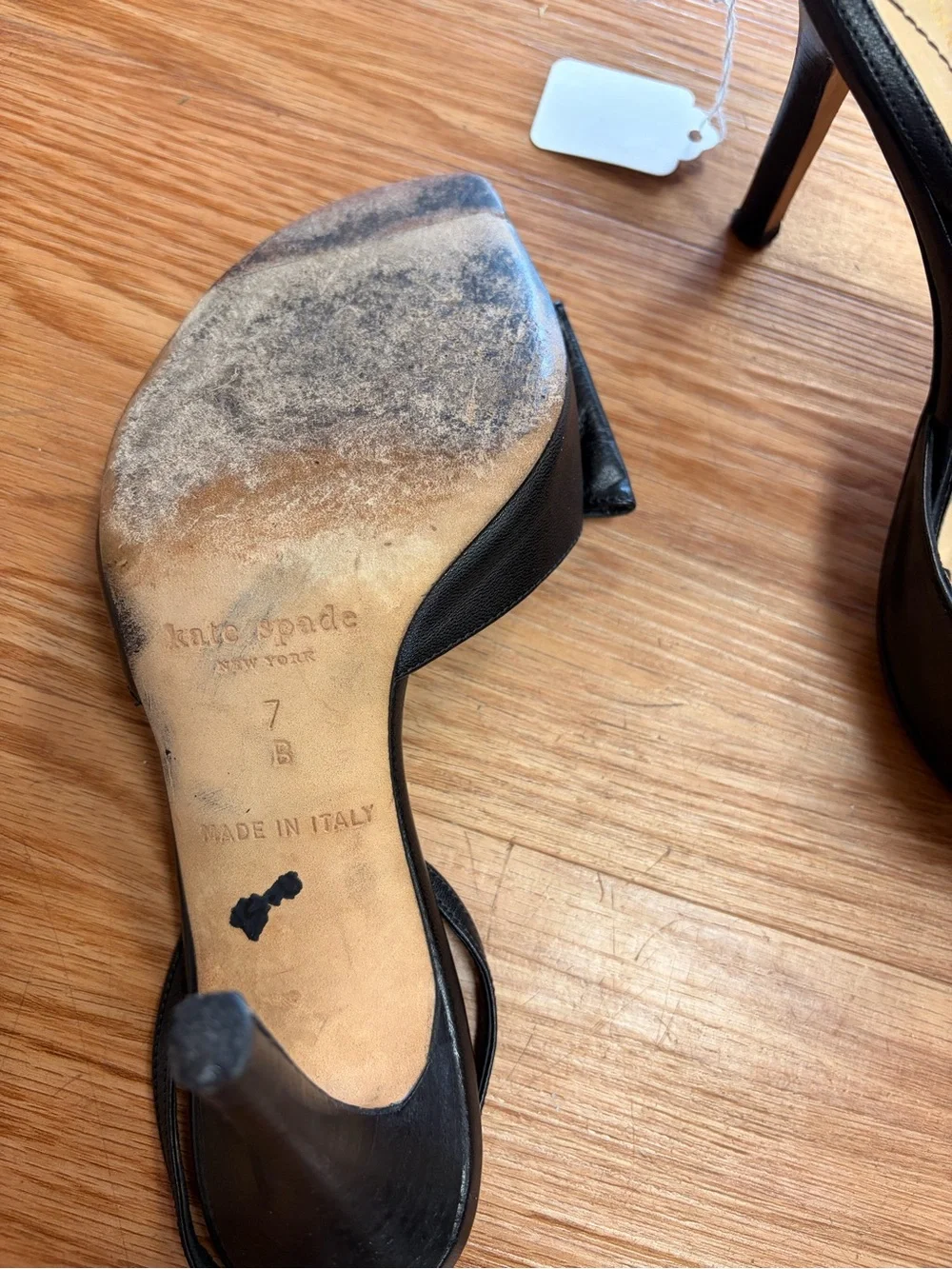 Kate Spade black leather peep toe sling back heels with bow detail